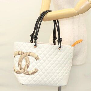 CHANEL Matelasse Cambon Line COCO Mark Tote Bag Lamb Skin White CC Auth